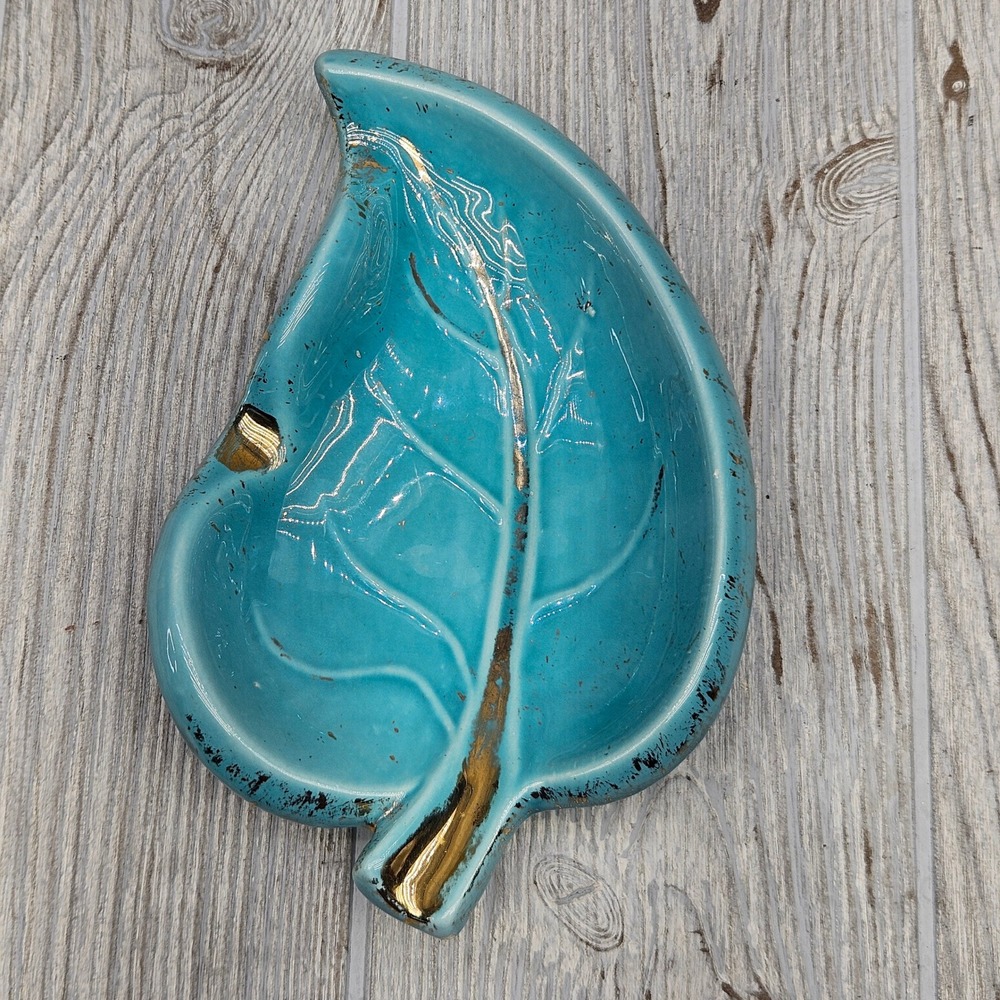 Vintage‎ Mid Century Turquoise Gold Ceramic Leaf Ashtray Trinket Dish MCM